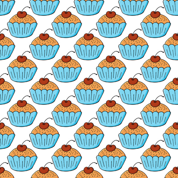 Cute muffins, cupcakes. Seamless pattern with sweet pastries. Vector illustration. Texture for fabric, wrapping, wallpaper - Vektori, kuva