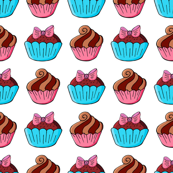 Cute muffins, cupcakes. Seamless pattern with sweet pastries. Vector illustration. Texture - Vector, Image