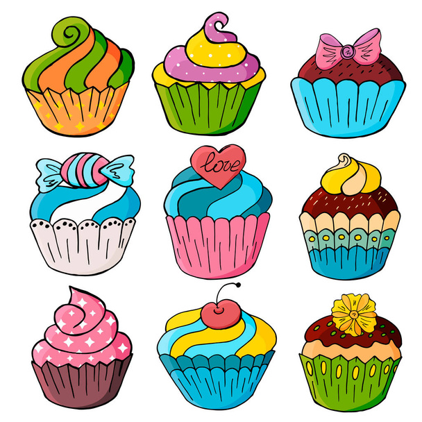 Set of icons of cupcakes, muffins in hand draw style. Collection of vector illustrations for your design. Sweet pastries, muffins. Sign, sticker - Vector, Image