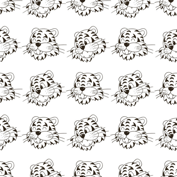 Coloriage Modèle vectoriel sans couture avec des visages de tigres. Modèle dans le style de dessin à la main. Vacances du Nouvel An 2022. Année du tigre. Peut être utilisé pour le tissu, l'emballage et etc. - Vecteur, image