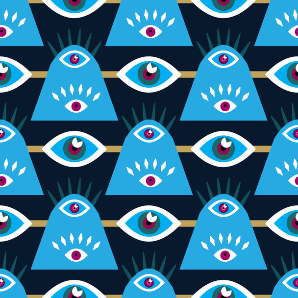 Awesome  seamless pattern with esoteric eye different shapes, Magic, witchcraft, occult symbol,  colorful line art. Tenplate design fabric, paper, textile. Vector Modern mythic graphic background illustration.  - Вектор,изображение