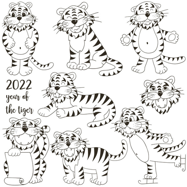 Символ 2022 года. Набор тигров в стиле ручной работы. Лица тигров. Новый 2022 год. Коллекция милых векторных иллюстраций. Раскраска - Вектор,изображение