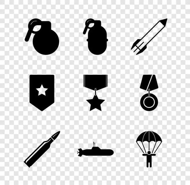 Conjunto granada de mano, cohete, bala, submarino, paracaídas, Chevron y el icono de la medalla de recompensa militar. Vector - Vector, imagen