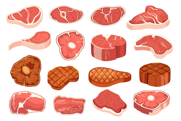 Set of Icons Raw and Grilled Steak Chops. Meat Sirloin Roast and Fresh Pieces, Tenderloin with Bone Barbeque Meal - Vector, Image