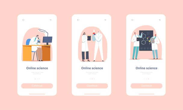 Online Science Mobile App Page Plantilla de pantalla a bordo. Científicos realizan investigación o experimento en laboratorio - Vector, Imagen