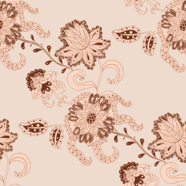 Aquarel naadloos patroon met bloemen en bladeren in etnische stijl. Bloemenversiering. Traditioneel paisley patroon. Textiel ontwerp textuur.Tribal etnische vintage naadloos patroon. - Foto, afbeelding