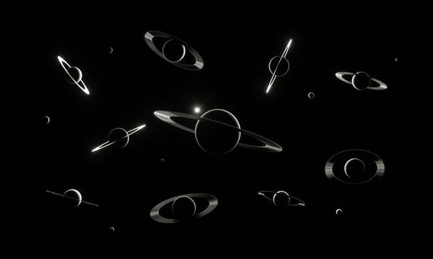 3d render. Conjunto de muchos planetas luminosos con anillos en el espacio exterior. Concepto de ciencia ficción. - Foto, imagen
