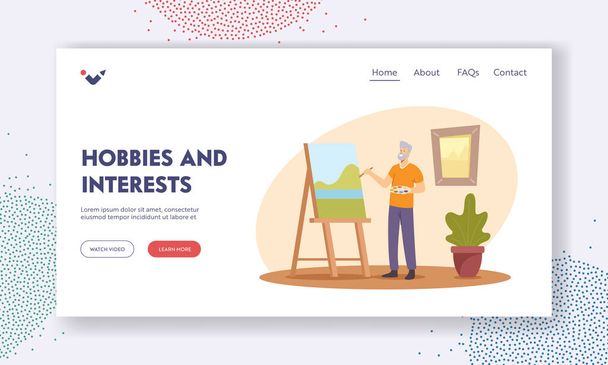 Aged People Hobby and Interests Landing Page Template. Senior Man Artist Painting Creative Occupation, Old Male Painter - Vector, Image