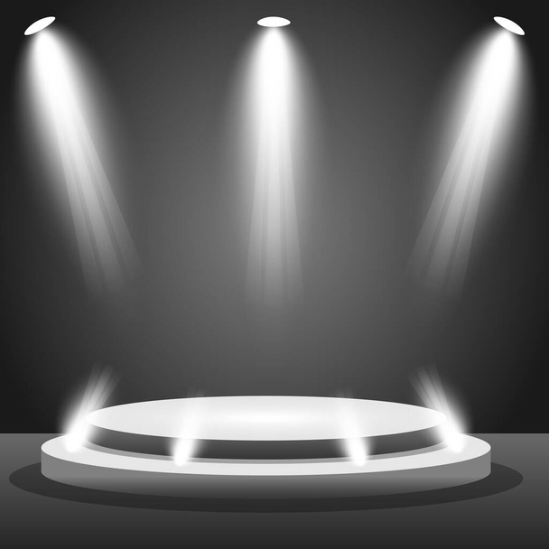 Realistic round white podium in dark studio - Vector illustration - Vector, Image