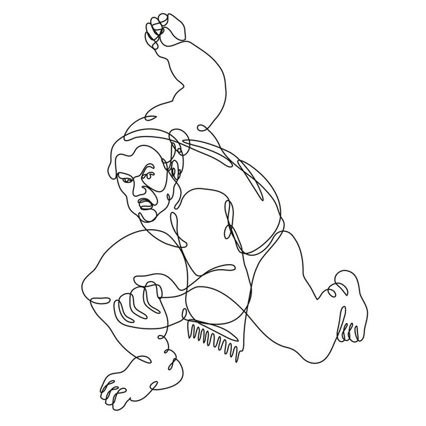 Dibujo de línea continua ilustración de un luchador de sumo o rikishi en posición de lucha vista frontal hecha en línea mono o estilo doodle en blanco y negro sobre fondo aislado.  - Vector, Imagen