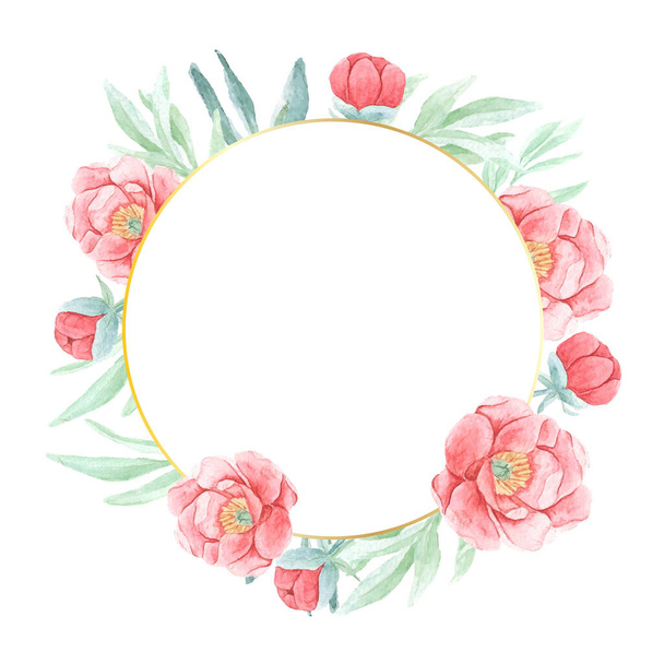 watercolor red peony with round golden wreath frame isolated on white background with copy space - Vector, Imagen