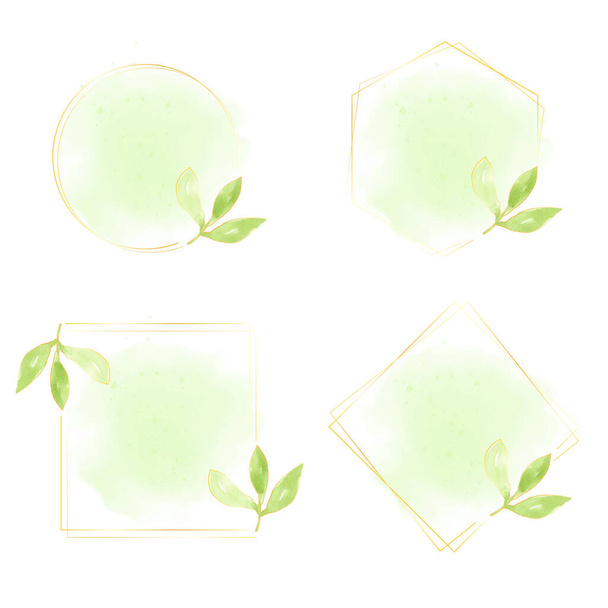 watercolor green leaves with gold  wreath frame collection - Vector, Image