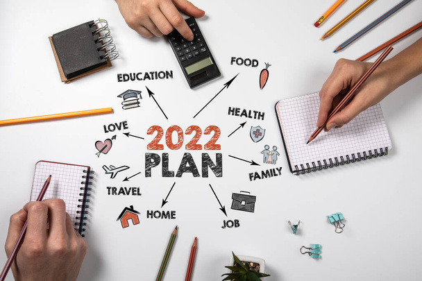 2022年計画。教育、食品、健康と家族の概念。会議、ディスカッション、会議 - 写真・画像