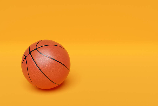 3D ilustrace klasické oranžové basketbal s pruhy na žlutém izolovaném pozadí - Fotografie, Obrázek