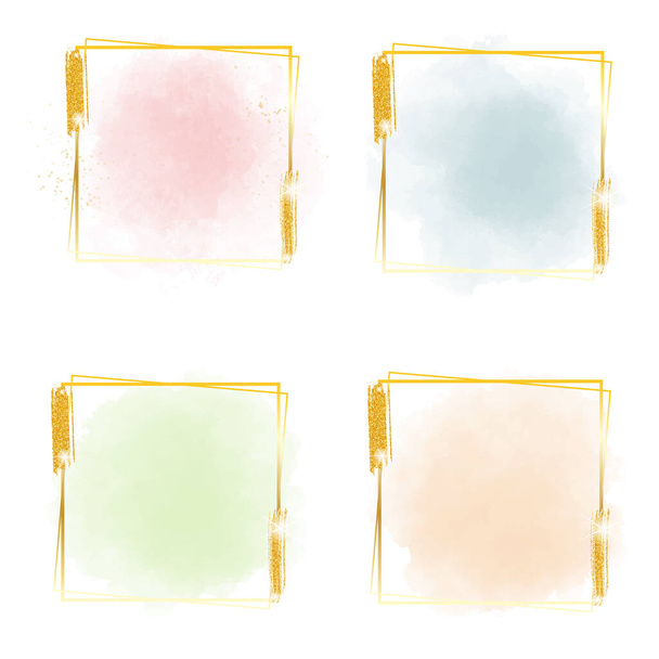 multicolor pastel watercolor splash with square golden frame and glitter for banner - Vector, afbeelding