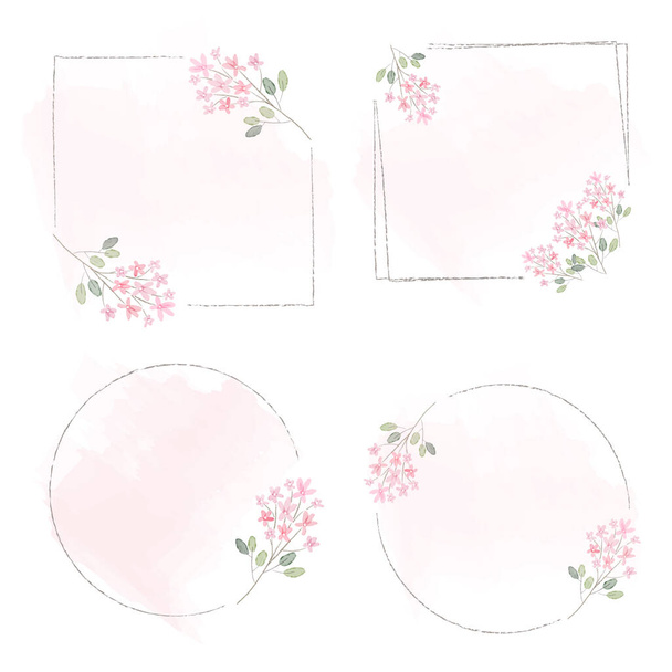 watercolor  pink tiny flower wreath frame on pink splash background collection - Vector, Image