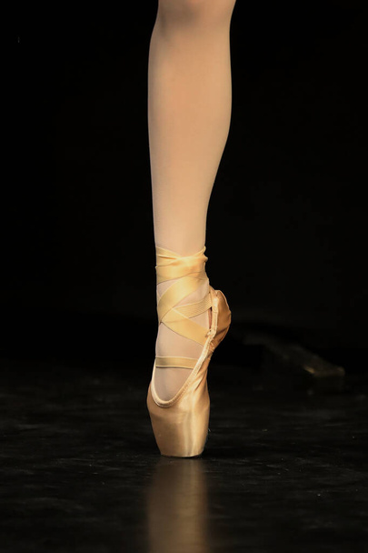 A vertical shot of a ballet dancer's leg with ballet shoes on - Fotó, kép