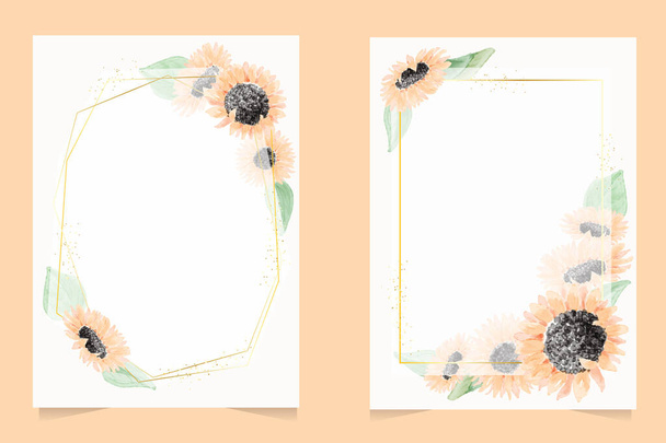 watercolor yellow sunflower wreath with golden frame wedding invitation or birthday card template collection - Vector, Image