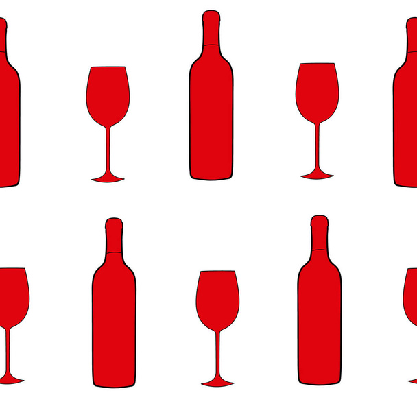 赤ワインプリント。アルコールの背景。手描き。ベクトルイラスト。シルエットのワイングラス。シルエットのワインボトル。酒宴. - ベクター画像