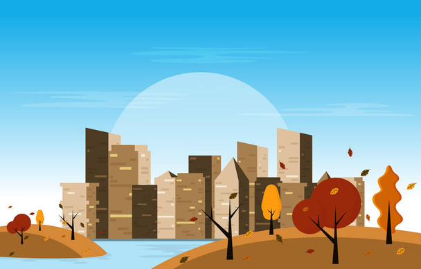 Sunny Outono Outono Temporada Cidade Construção Cityscape View Flat Design Ilustração - Vetor, Imagem