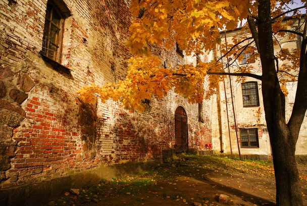 Jesienna sceneria w Muzeum Zamkowym w Vyborgu, Rosja. - Zdjęcie, obraz