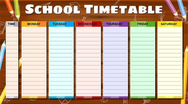 School Timetable weekly, hand drawn sketch icons of school supplies, pencils on woodboard. Vector template schedule, cartoon style - Vector, Image