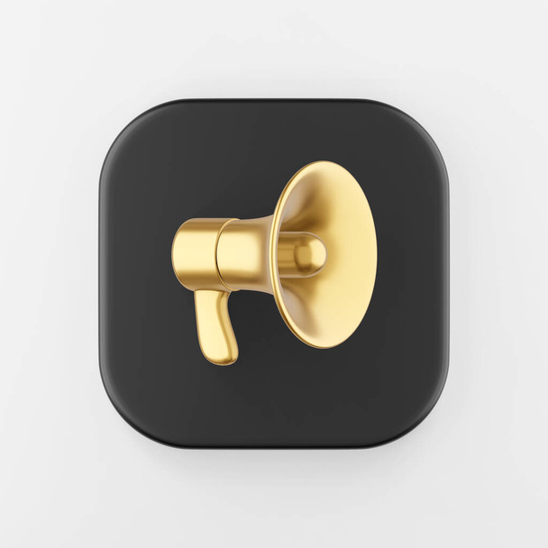 Golden megaphone icon in cartoon style. 3d rendering black square key button, interface ui ux element - Foto, Bild
