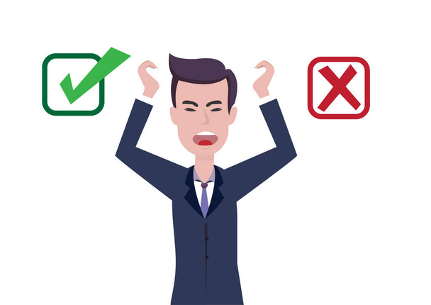 Confused businessman standing between accept and reject buttons, decide, agree or disagree. flat design vector illustration - Vector, Image