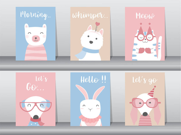 Set of cute animals poster,template,cards,bear,cat,dog,rabbit,zoo,Vector illustrations. - Vektor, obrázek