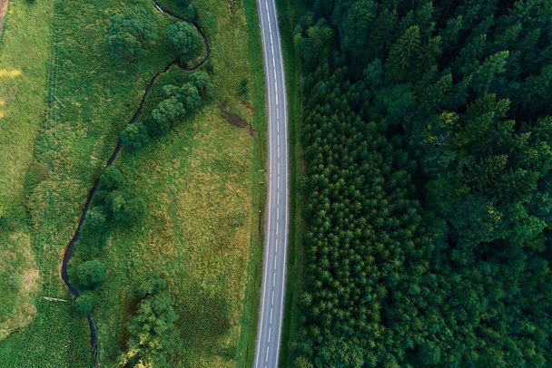 Auto pohybující se po silnici lesem borovic, letecký pohled - Fotografie, Obrázek