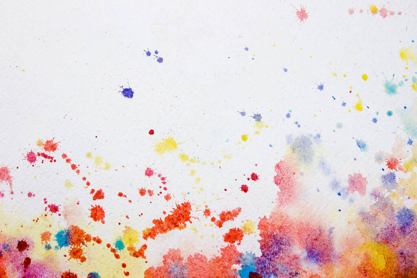 Bright watercolor paint yellow- red- blue brush ink, splash stroke stain drop. Abstract art illustration on a white background. Banner for text, grunge element for decoration backdrop or book cover. - Photo, Image
