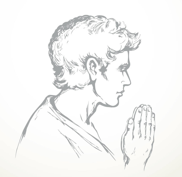 Bűn bánat aggódj meditálni imádkozás vonal szerelem dicséret tenyér koncepció logó. Fekete tinta húzott fiatal nő lány köszönöm plead fold lélek szellem ujj embléma retro művészet bibliai rajzfilm stílus fehér háttér - Vektor, kép