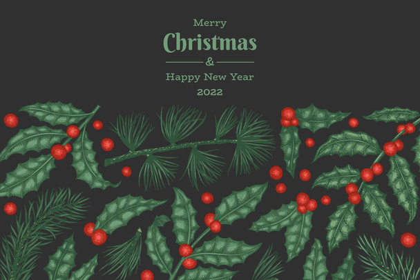 Christmas hand drawn vector greeting card design template. Vintage style botanical illustration. Winter plants xmas banner. - Vektör, Görsel