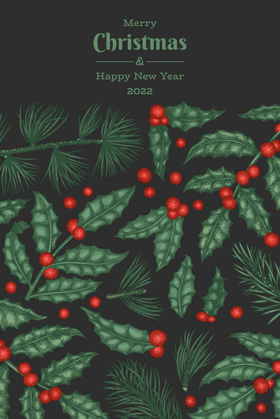 Christmas hand drawn vector greeting card design template. Vintage style botanical illustration. Winter plants xmas banner. - Vetor, Imagem