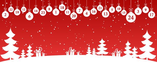 Hängende weiße Weihnachtskugeln mit den Zahlen 1 bis 24 zeigen Adventskalender für Weihnachten und Winter mit winterlichem Tannenbaumhintergrund und Schneefall - Vektor, Bild