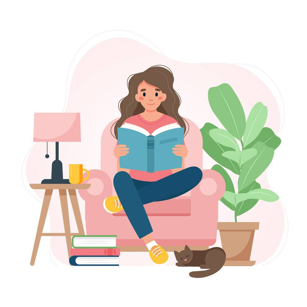 Mujer leyendo un libro en una silla, relajándose en casa. Lindo vector de ilustración en estilo plano - Vector, imagen