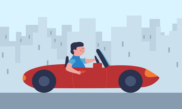 O motorista em um carro vermelho dirige através da cidade. Ilustração vetorial. - Vetor, Imagem