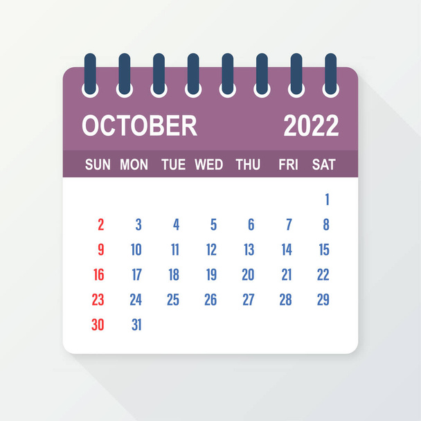 October 2022 Calendar Leaf. Calendar 2022 in flat style. Vector illustration. - Вектор,изображение