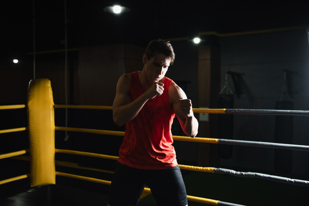 athletic man boxing in ring while training in sports center - Valokuva, kuva