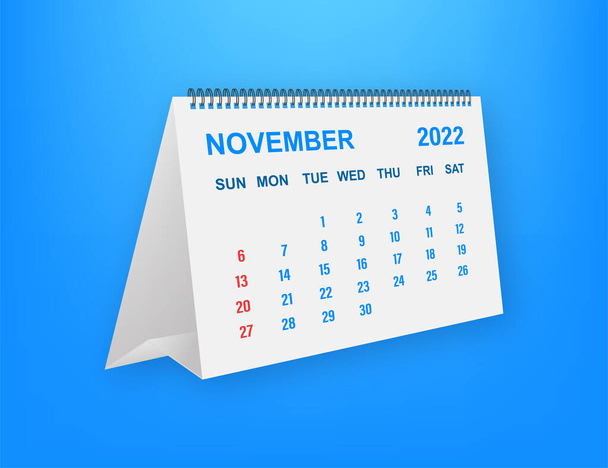 November 2022 Calendar Leaf. Calendar 2022 in flat style. Vector illustration. - Διάνυσμα, εικόνα