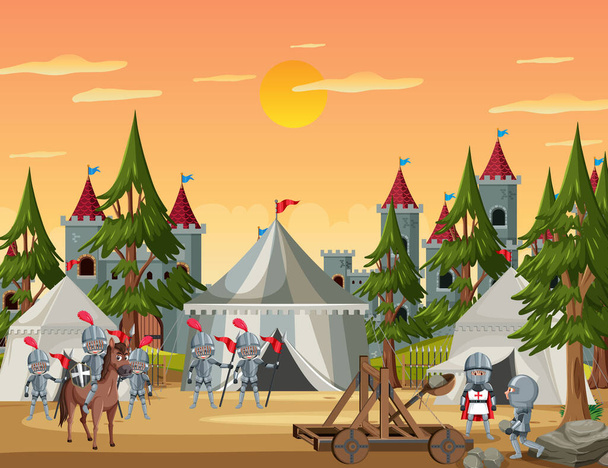 Военный средневековый лагерь с палатками и иллюстрациями воинов - Вектор,изображение