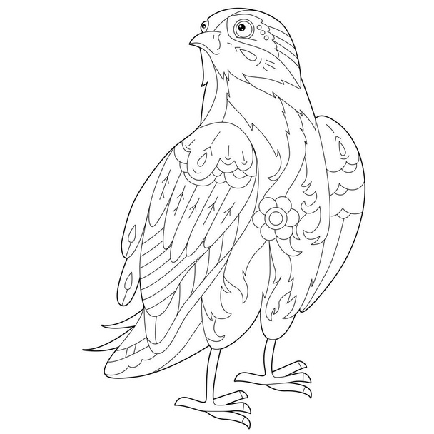 Contour linear illustration for coloring book with decorative falkon. Beautiful predatory  bird,  anti stress picture. Line art design for adult or kids  in zen-tangle style, tatoo and coloring page. - Vettoriali, immagini