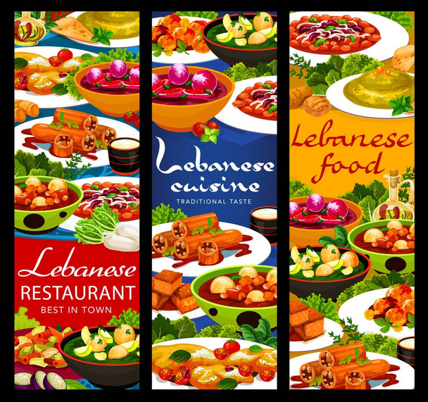 Banner mit arabischen Gemüse-, Fleisch- und Dessertgerichten der libanesischen Küche. Hummus, Knödelsuppen und Lamm-Kofta-Frikadellen, fetter Salat, Kuchen, gefüllte Zucchini und Halloumi-Käse - Vektor, Bild