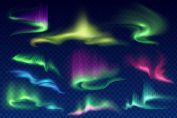 Northern polar lights, aurora borealis vector glow. Arctic natural phenomena, amazing iridescent glowing illumination on night sky. Realistic 3d shining aurora set isolated on transparent background - Vector, Image