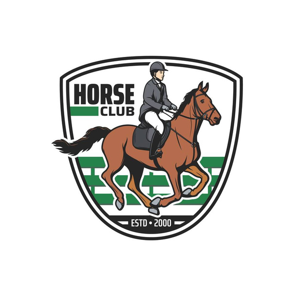 Ikona wektora klubu konnego z dżokejem i koniem na arenie sportów jeździeckich. Jeździec z końskim uprzężą, siodłem i uprzężą, hełmem i butami dżokejowymi, wyścigami konnymi, skokami i ujeżdżeniem - Wektor, obraz