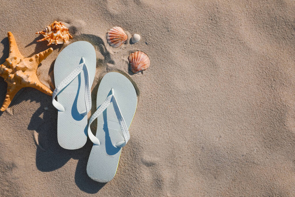 Stylish flip flops, starfish and sea shells on beach, flat lay. Space for text - Foto, Imagem