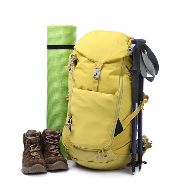 Set of camping equipment for tourist on white background - Fotoğraf, Görsel