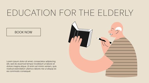 Elderly man holds a notebook in his hand and makes notes in it - Vector, Image