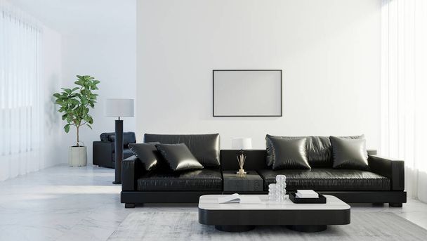 blank horizontal frame mock up in modern living room interior with black leather sofa, white empty wall, scandinavian style, 3d rendering - Fotografie, Obrázek