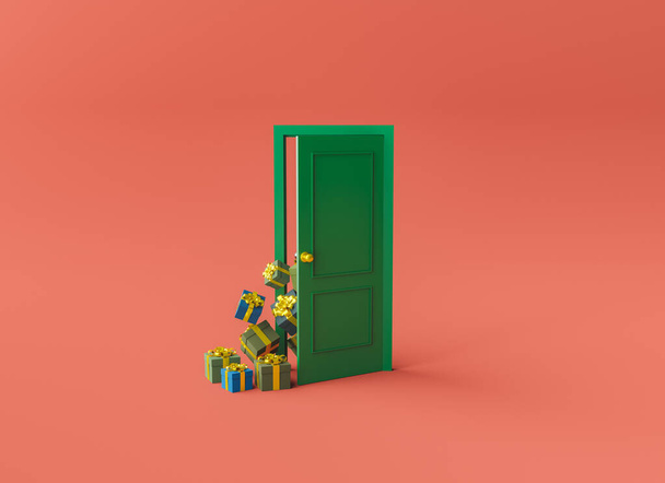 минимальная полуоткрытая дверь с подарочными коробками, выглядывающими рождественскими цветами. 3d-рендеринг - Фото, изображение